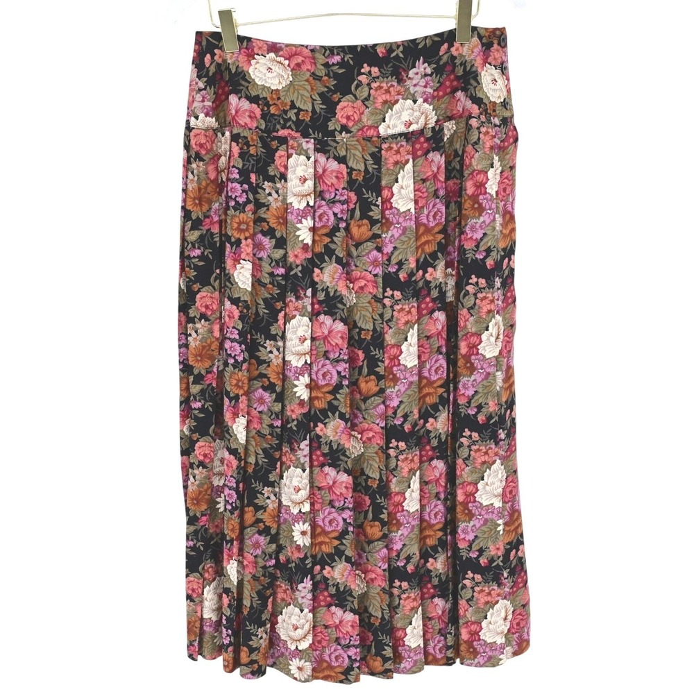 Vintage 90s Floral Pleated Midi Skirt Black‎ Pink Button Size 10 Cottagecore